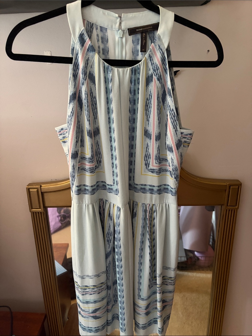 BCBGeneration Mint Halter Dress with Blue and Pink Geo Print
